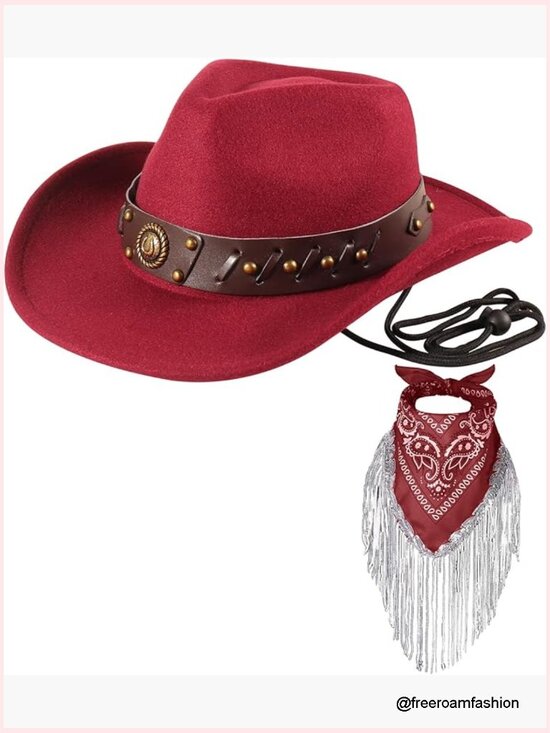 Cowgirl Hat with Fringed Bandana Set - Wide Brim Western Hat main image 6